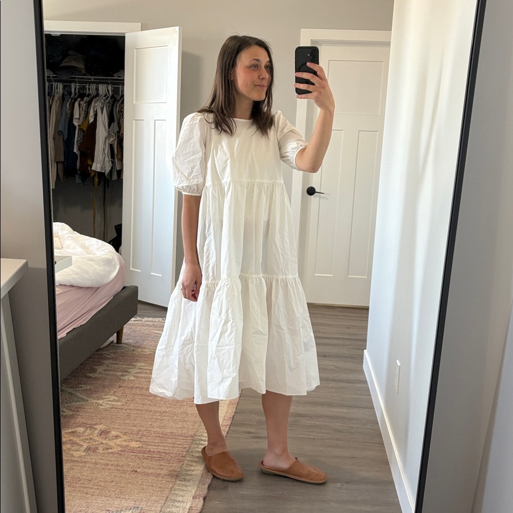 XS Wilfred Rengo Espace Puff Sleeve Midi Tiered Dress